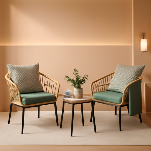 3 Piece Patio Furniture Outdoor Conversation Bistro Set with Tempered Coffee Table and Wicker Chairs for Garden Balcony Backyard Yard Poolside, Green (QX-MA-WF-001)