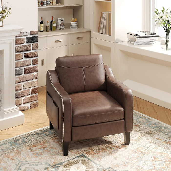 Mid-Century Modern PU Leather Accent Chair Set of 2, Chocolate Brown with Removable Cushions