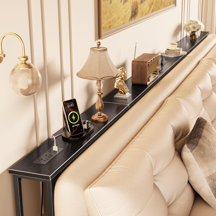 118 Inch Sofa Table with Power Outlets and USB-C Ports, 5.9 Inch Narrow Entryway Table, behind Couch Table with Storage, Extra-Long Console Table, Living Room, Black