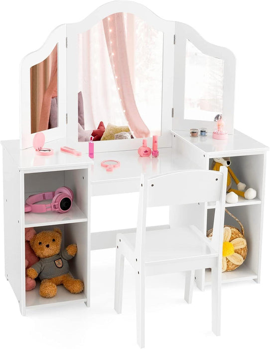 Kids Vanity, 2 in 1 Princess Makeup Desk & Chair Set with Detachable Tri-Folding Mirror, Storage Shelves, Wooden Toddler Vanity Dressing Table, Vanity Set for Little Girls (White)