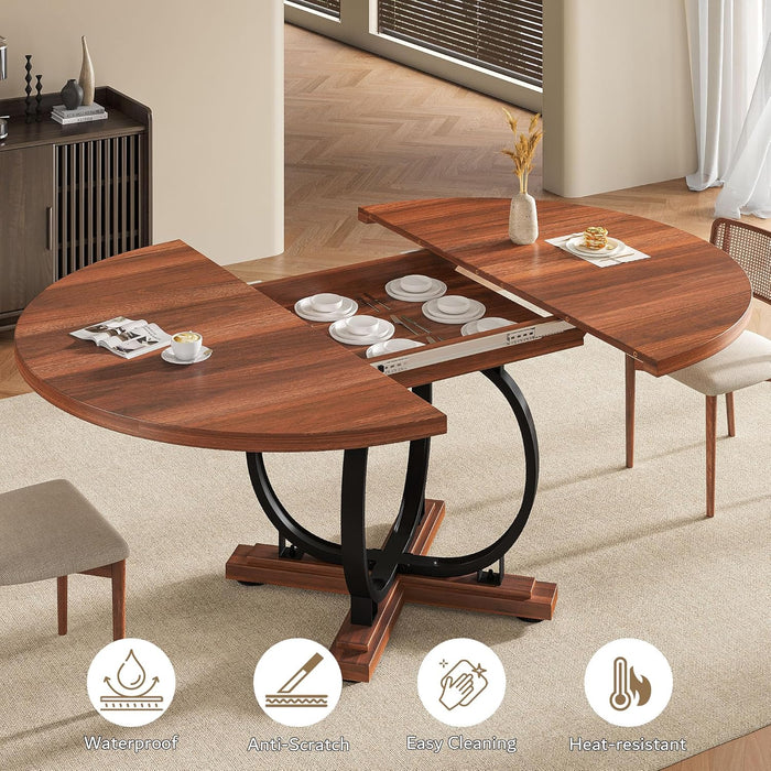 59" round Extendable Dining Table for 4-6, Modern Oval Kitchen Table with Heavy Duty Curved Legs & Wood X-Based, MDF Board with Spring Buckle, Space Saving, Dining Kitchen Living Room, Walnut
