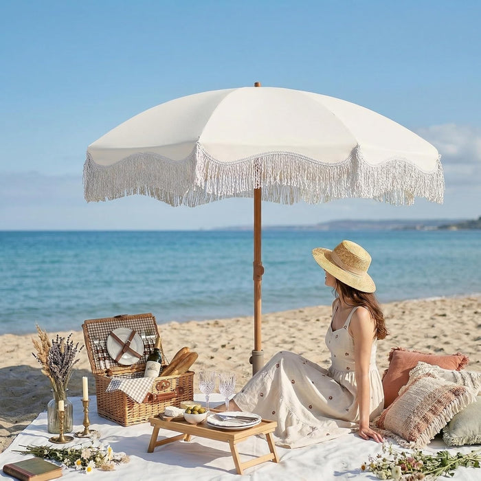 7Ft Patio Umbrella with Fringe, Boho Beach Umbrellas, Outdoor Tassels Umbrellas with Push Button Tilt & Carrying Bag, 8 Windproof Fiberglass Ribs, UPF50+