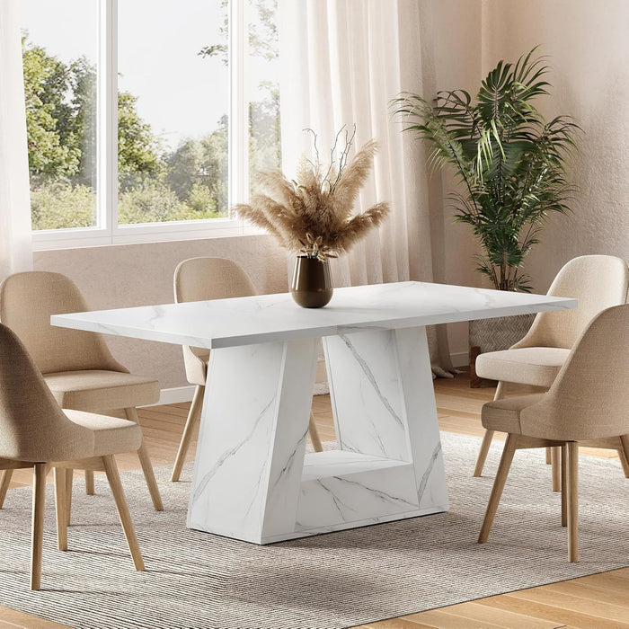 Dining Table for 4-6 People, 63 Inches Dining Room Table with Wooden Triangle Pedestal Base, White Faux Marble Rectangle Dinner Kitchen Table for Dining Room, Kitchen, Living Room