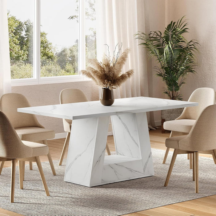63" Modern Faux Marble Dining Table for 6, Rectangle, White | Kitchen Table, for 4-6 People, MDF, Faux Marble Finish, Heavy Duty Pedestal, for Dining Room, Kitchen, Living Room, White