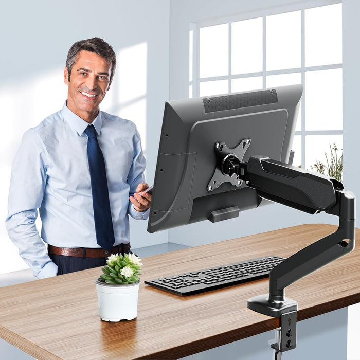 Single Monitor Desk Mount, Adjustable Gas Spring Monitor Arm Support Max 32 Inch, 4.4-17.6Lbs Screen, Computer Monitor Stand Holder with Clamp/Grommet Mounting Base, VESA Mount Bracket, Black