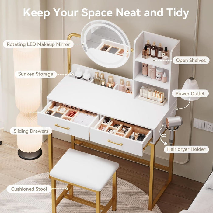 Vanity Desk with LED Lighted Mirror & Power Outlet, White Vanity Desk with Adjustable 3 Lighting Modes, Small Vanity Desk for Bedroom, Makeup Vanity with Chair for Girl, Gold and White