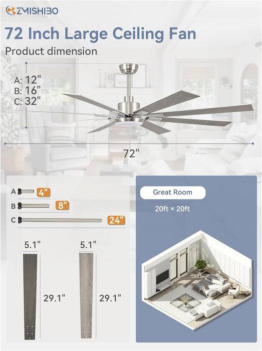 72 Inch Brushed Nickel Modern Ceiling Fans with Lights and Remote, Indoor/Outdoor Ceiling Fan for Living Room Patio, 6 Speed Reversible Quiet DC Motor, 3 CCT, Dual Finish Blades