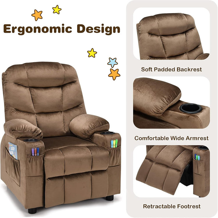 Kids Recliner Chair with Cup Holder, Adjustable Velvet Lounge Chair W/Footrest & Side Pockets for Children Boys Girls Room, Ergonomic Toddler Furniture Sofa, Kids Recliner (Brown)