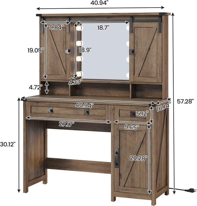 Makeup Vanity with Lights & Barn Doors, Vanity Desk with Mirror and Lights & Charging Station, Farmhouse Brown Vanity Table with Jewelry Hooks and Open Storage Shelves