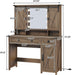 Makeup Vanity with Lights & Barn Doors, Vanity Desk with Mirror and Lights & Charging Station, Farmhouse Brown Vanity Table with Jewelry Hooks and Open Storage Shelves