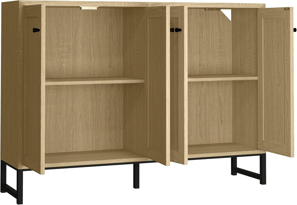 Sideboard Accent Storage Cabinet with Rattan Decorated 4 Doors Dining Room Freestanding Kitchen Buffet Table Cupboard (Natural)