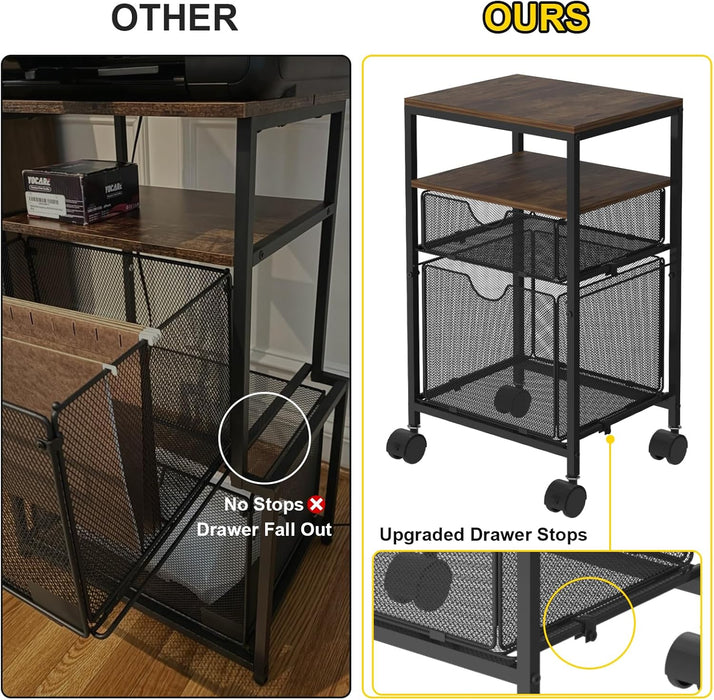 Rolling File Cart, File Cart for under Desk Storage, Mobile Wood & Mesh Filing Cabinet with Sliding Drawer, for A4, Hanging File Folders, Printer, 14.7" L X 11.8" D X 25.3" H