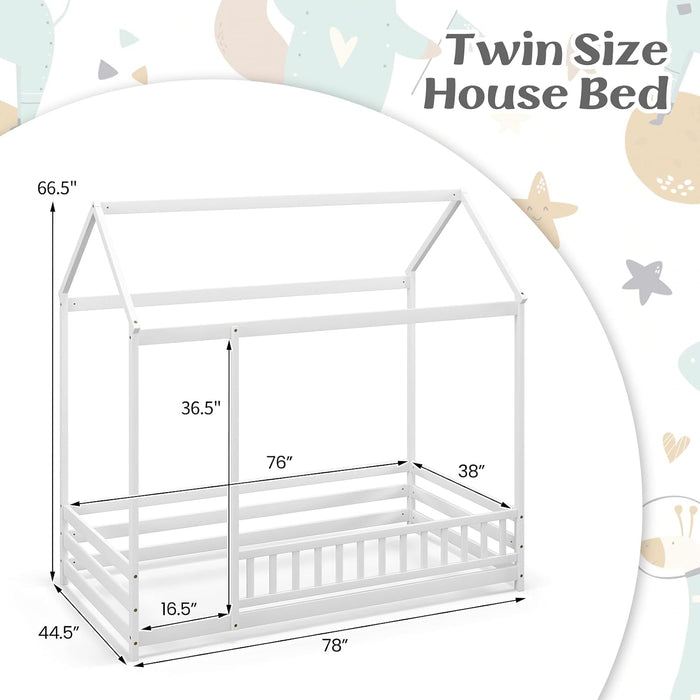 Twin SolidPine Montessori Floorbed White With Roof