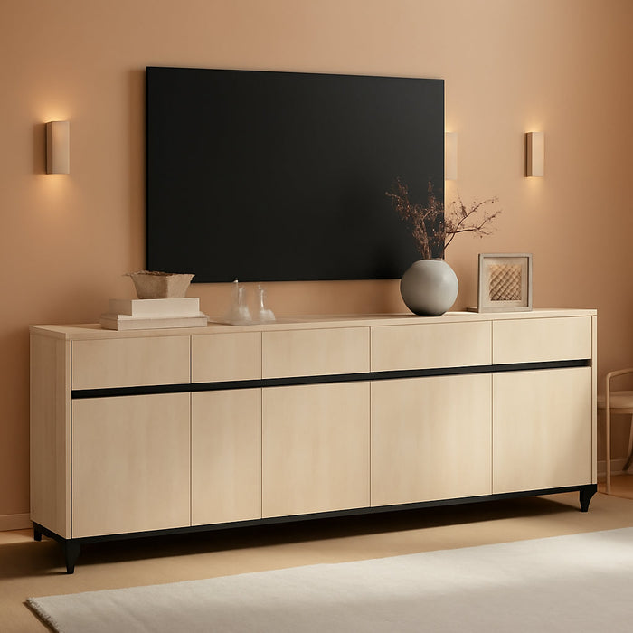 Modern TV Stand for Tvs up to 110 Inch, 3 in 1 Wood Entertainment Center TV Console Table with Adjustable Shelves and Metal Base for Living Room,Bedroom,Light Oak