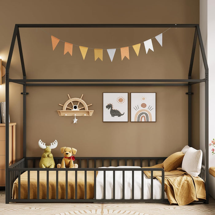 Twin Floor Platform Bedframe With Overhead Guardrails