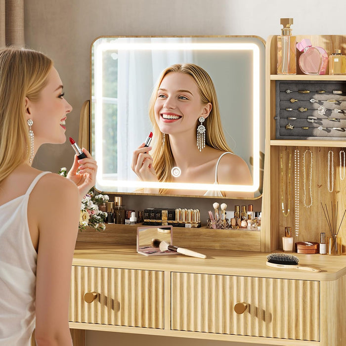Fluted Vanity Desk with Mirror and Lights, Small Makeup Vanity with 2 Drawers and Jewelry Storage Cabinet, 3 Lighting Modes Adjustable Brightness, Dressing Table for Bedroom - Natural Oak