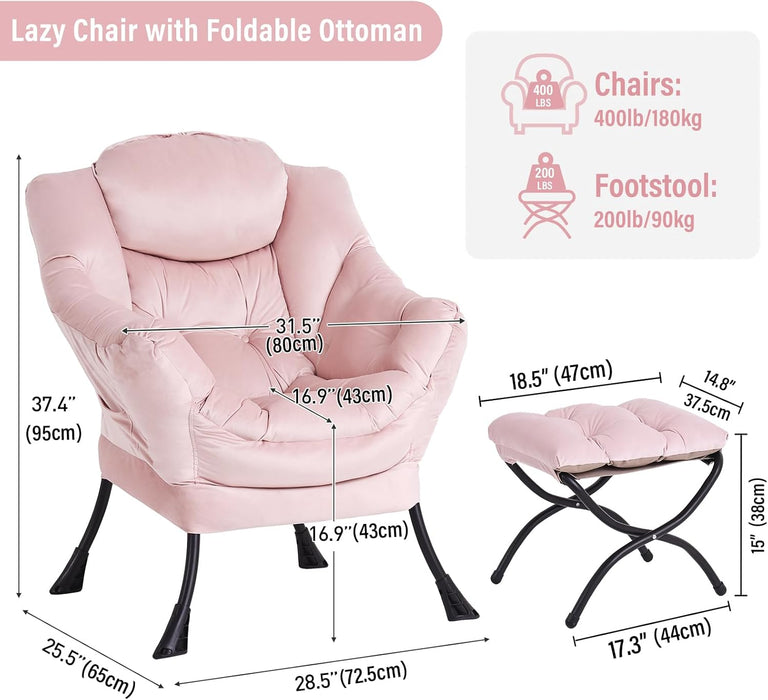 Lazy Chair with Ottoman, Modern Chair with Folding Footrest, Lounge Accent Chair, Comfortable Reading Chair, Oversized Armchairs for Bedroom, Study, Living Room, Courtyard (Pink)