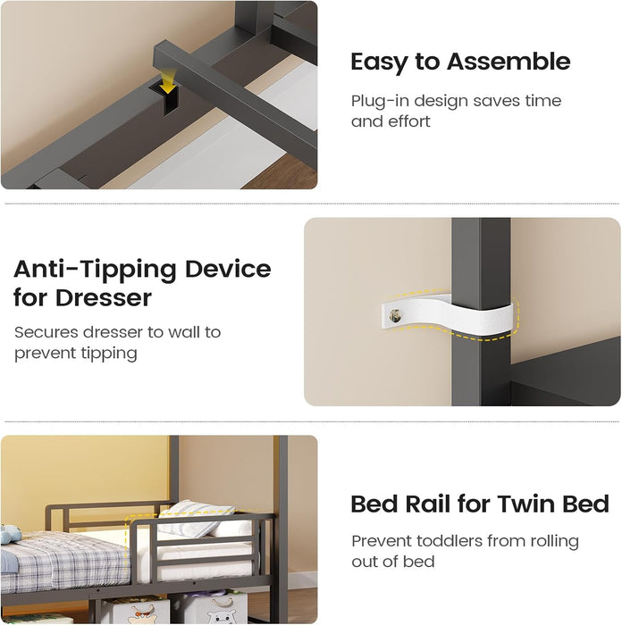 Bunk Bed Twin over Twin with 6 Storage Drawers for Kids Teens,Metal Led Loft Bed with Bedside Storage,Safety Guardrails for Small Space, No Box Spring Needed, Grey