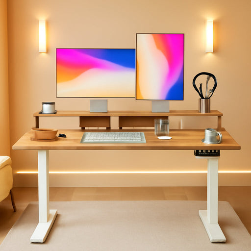 48 X 24 Inch Height Adjustable Electric Standing Desk with Double Drawer, Stand up Desk with Storage Shelf, Sit Stand Desk, Light Wood