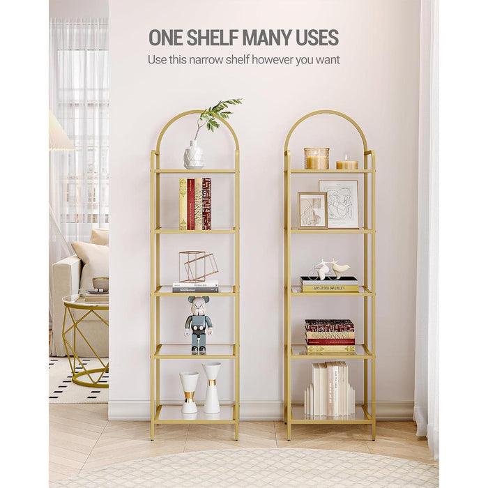 Bookcase Bookshelf, Tempered Glass Bookshelves, Slim Shelving Unit for Bedroom, Bathroom, Home Office, Steel Frame, 6 Tier Gold BC10601G
