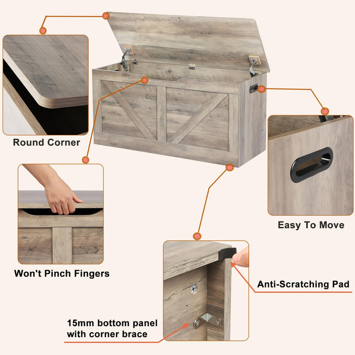 39.4" Storage Chest, Wooden Storage Bench, Large Storage Trunk with 2 Safety Hinges, Entryway Shoes Bench for Living Room, Bedroom, Grey