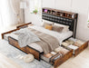 Queen Bed Frame with 4 Storage Drawers, Bed Frame Queen Size with Upholstered Headboard and Built in Charging Station, No Noise, Metal Support, No Box Spring Needed,Vintage Brown