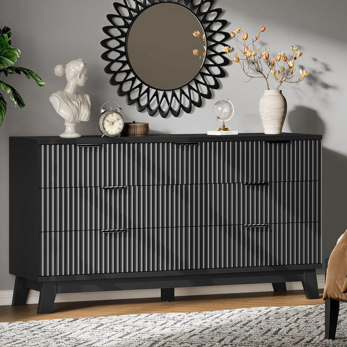 Fluted Dresser with 7 Drawers, 58" Wide Wood Chest of Drawers with Metal Handle, Wooden Dresser TV Stand, Modern Closet Clothes Storage Organizer for Bedroom, Living Room, Hallway, Solid Black