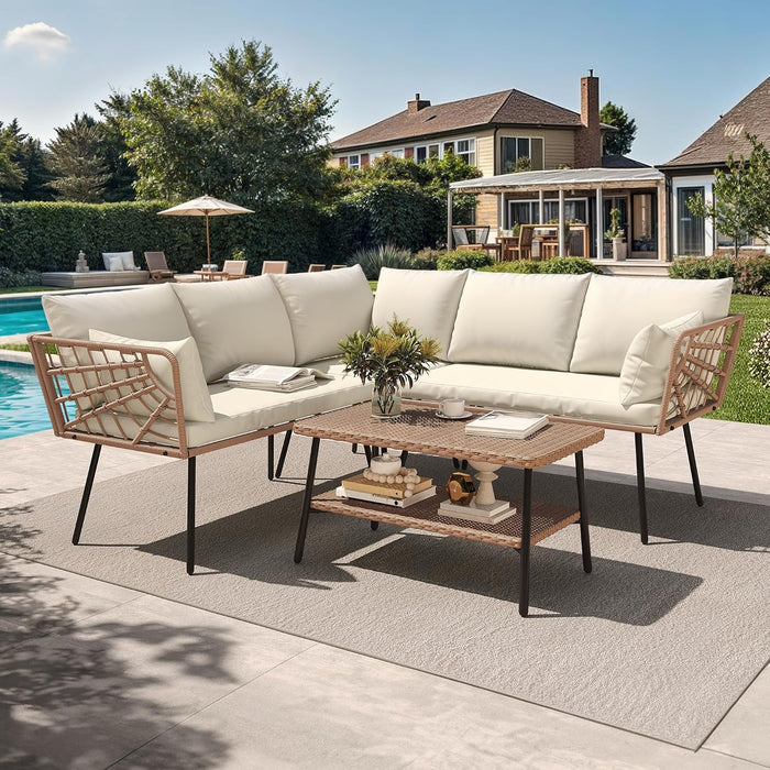 4PCS Patio Furniture Set L Shape Outdoor Couch with 2-Tier Coffee Table and Thick Cushions Patio Conversation Set Rattan Sectional Sofa Boho Outdoor Furniture Set with 5 Seater for Backyard