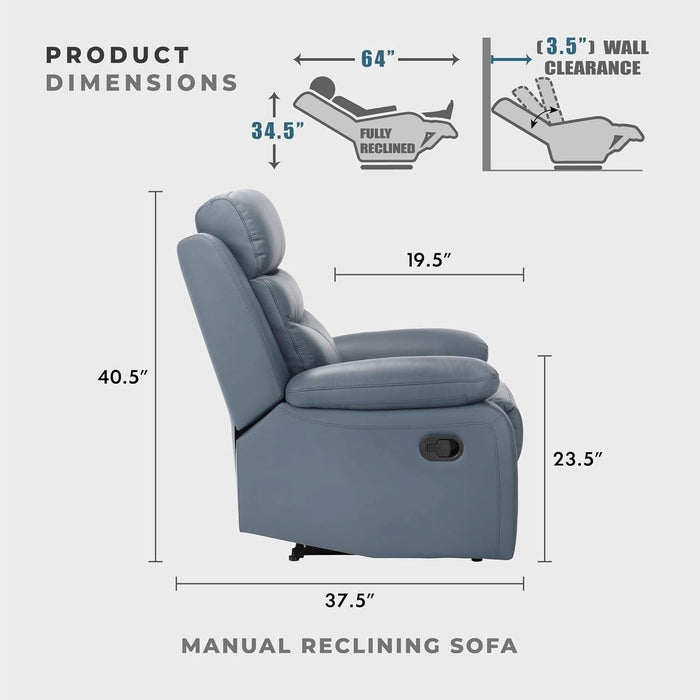 86.5" W Mnul Reclining Sof, Top Grin Lether Mtch Reclining Sof, Home Theter Seting, Wll Hugger Recliner Couch, Mnul Double Recliner RV Couch for Living Room, Blue