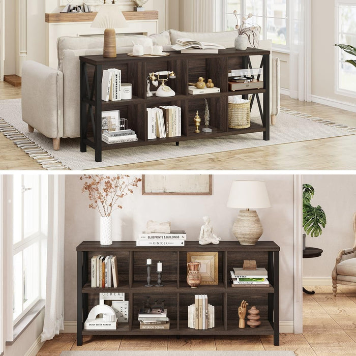 8 Cube Storage Organizer Bookshelf, 62 Inch Rustic Wood Horizontal Bookcase, Farmhouse Cube Long Book Shelf, TV Console Stand for Living Room (Dark Walnut)