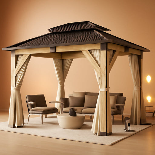 11FT X 13FT Outdoor Wood Gazebo - Patio Wooden Gazebo with Galvanized Steel Hardtop, Heavy-Duty Double Roof Gazebos with Netting & Curtains for Garden, Poolside, Deck, Backyard
