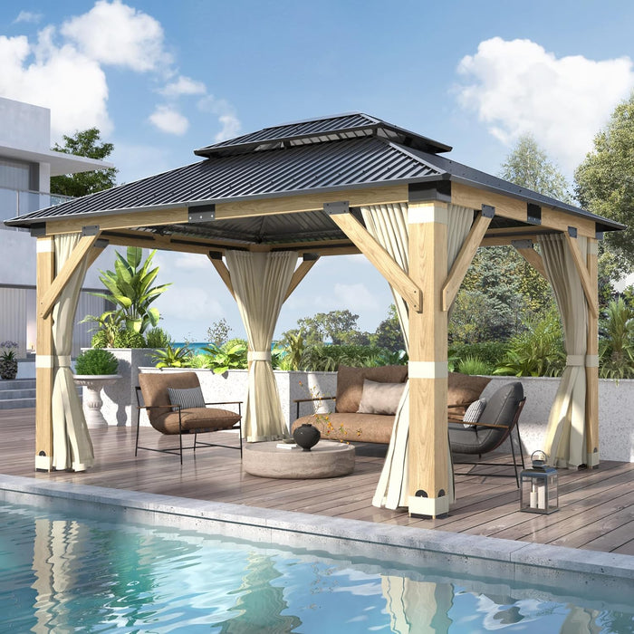 11FT X 13FT Outdoor Wood Gazebo - Patio Wooden Gazebo with Galvanized Steel Hardtop, Heavy-Duty Double Roof Gazebos with Netting & Curtains for Garden, Poolside, Deck, Backyard