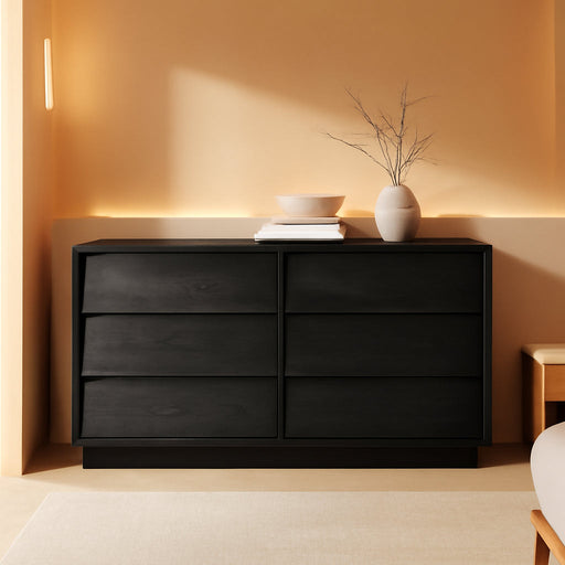 Black 6 Drawer Dresser for Bedroom, 47.2" Modern Wood Dresser with Handle-Free and Curved-Edge Design, Chests of Drawers with Large Capacity