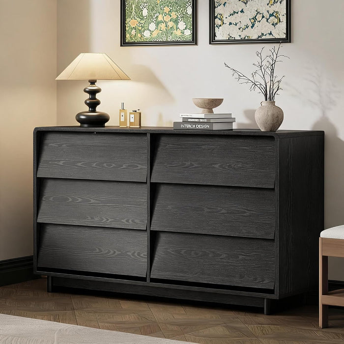 Black 6 Drawer Dresser for Bedroom, 47.2" Modern Wood Dresser with Handle-Free and Curved-Edge Design, Chests of Drawers with Large Capacity