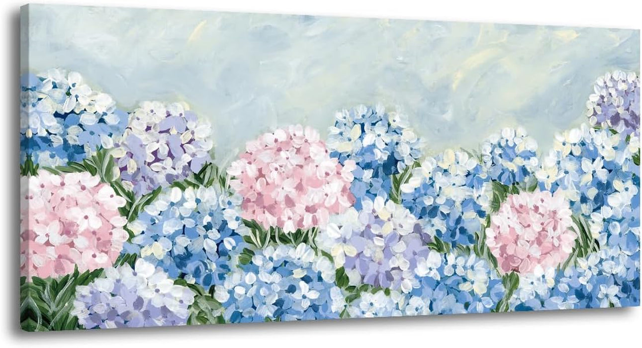 Blue Pink Hydrangea Canvas Wall Art - Large Giclee Floral Canvas Prints, Abstract Flower Wall Decor, Farmhouse Coastal Botanical Wall Art for Living Room Bedroom Bathroom Kitchen Office, Ready to Hang (Hydrangea, 20X40Inch)