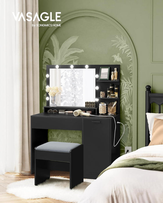 Vanity Desk with Mirror and Lights, 43.3-Inch Wide Makeup Vanity with Upholstered Vanity Stool, Power Outlets, Dimmable LED Lights, Storage Drawer, for Bedroom, Ink Black URDT628B01