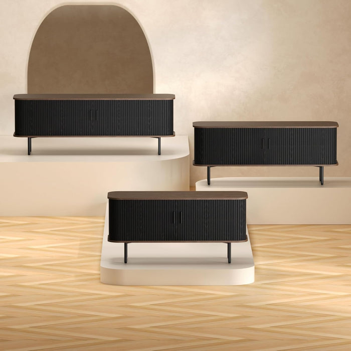 63" Modern Fluted TV Stand for Tvs up to 75 Inch , Gaming Entertainment Center with Tambour Slatted Sliding Doors and Storage Cabinet, Media TV Consoles Table for Living Room, Office, Black