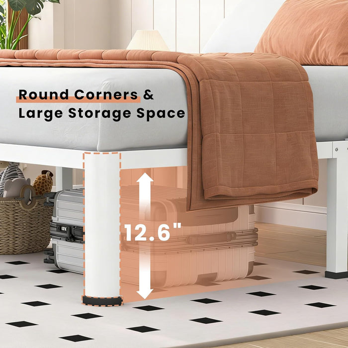 14 Inch White Full Heavy Duty 3500Lbs Bed Frame with Round-Corner