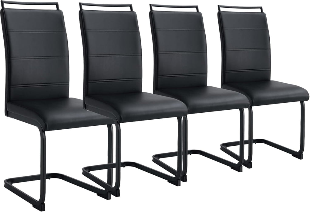 Modern Dining Chairs Set of 4, PU Faux Leather High Back Upholstered Dining Room Side Chair with Horizontal Stripe Backrest Design for Kitchen Living Room Dinner Chairs, Black with Black Legs