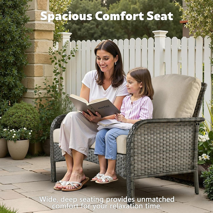 4-Piece Wicker Patio Furniture Set, All-Weather Rattan Conversation Bistro Loveseat Chair and Table Set for Backyard, Balcony and Deck with Soft Cushions and Metal Table(Tan)