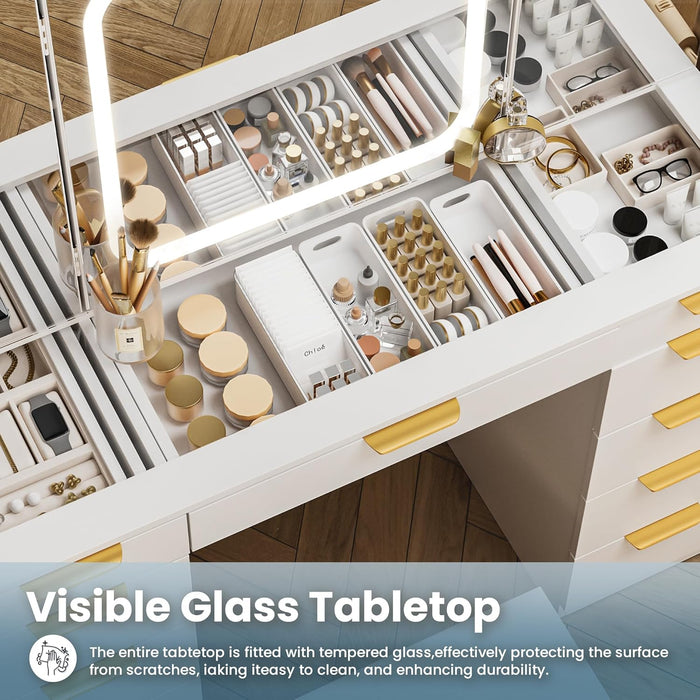 Glass Top Vanity Desk with Foldable Mirror and Lights, 11 Drawers Makeup Vanity with Charging Station, 3 Lighting Modes Dressing Table with Chair, White