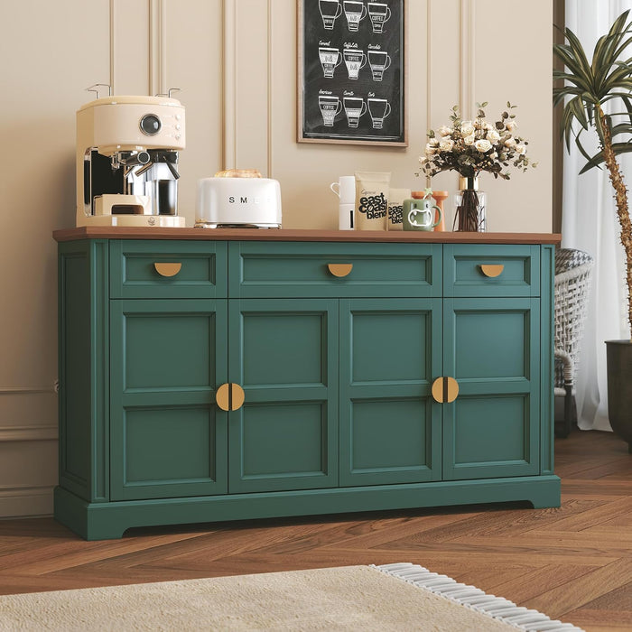 60'' Shaker-Style Large Sideboard Buffet Cabinet with Storage, Green | Credenza Storage Cabinet with 4 Doors and 3 Drawers, Coffee Bar for Kitchen, Living Room