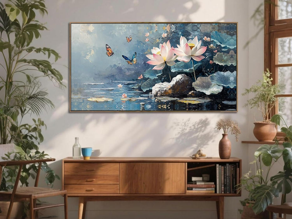 Lotus Floral Canvas Wall Art Lrage Framed Pictures Wall Decor Living Room Flower Paintings Artwork for Walls Bedroom Kitchen Dining Room Home Office, 40"X20"