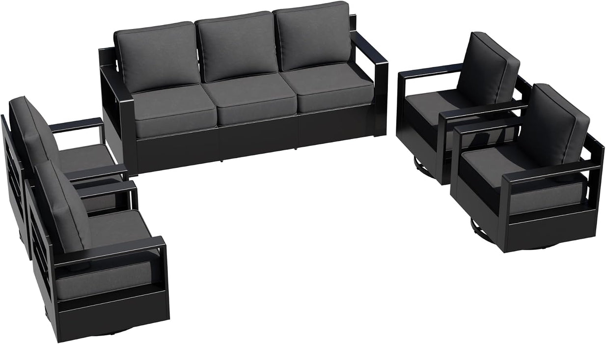 Outdoor Aluminum Furniture Set, 5-Piece Patio Conversation Set, 4 Swivel Chairs and 1 Sofa, All-Weather Metal Frame, 6" Thick Removable Cushions, Deep Setting for Garden, Poolside and Porch