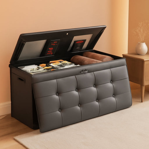 Storage Ottoman, Fireproof Folding Bench with Lock(15”X 43”X15”), Water-Resistant ＆ Heat Insulation Large Storage Chest with Handles＆2 Extra Spaces Safe for Living Room, Bedroom, Home, Grey