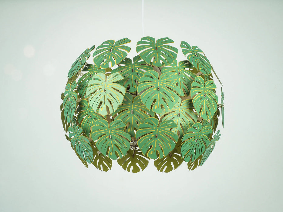 Monstera Lamp, Drum Lampshape, Tropical Chandelier Lighting for a Dining Room, Green Ceiling Light Fixture.