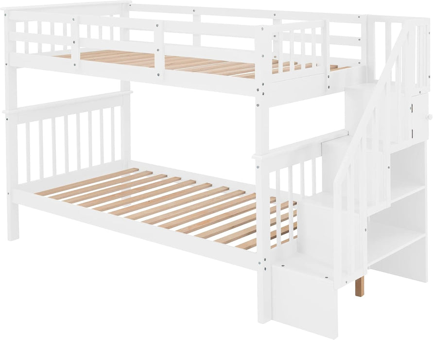 Twin over Twin Bunk Bed with Stairs, Solid Wood Bunk Bed Frame with Storage for Kids Teens Adults Bedroom Dorm - White