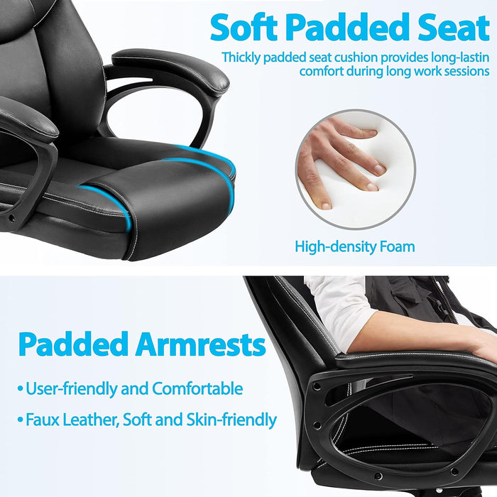 High Back Executive Chair Faux Leather Managerial Chair Ergonomic Task Chair Computer Meeting Chair Large Seat Swivel Chair, Sturdy Metal Base, Black