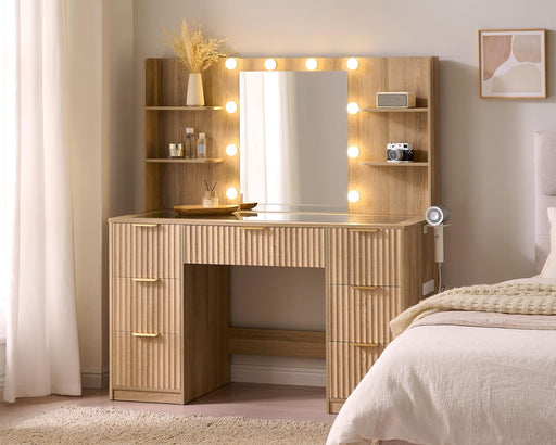 47.2" Fluted Vanity Desk with Mirror and Adjustable LED Lights, Large 7 Drawers Makeup Table with Glass Top and Charging Station for Women and Girls, Bedroom or Dorm, Natural Oak