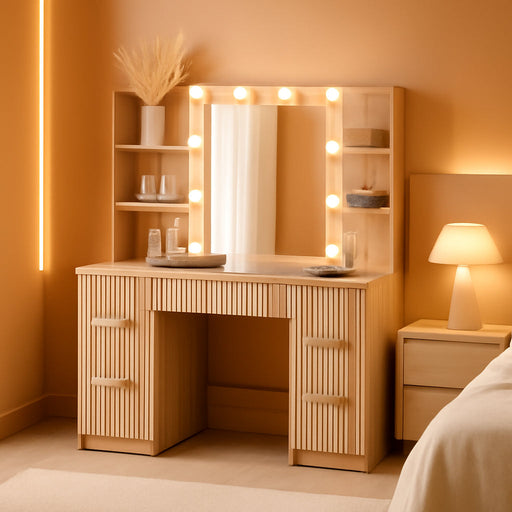 47.2" Fluted Vanity Desk with Mirror and Adjustable LED Lights, Large 7 Drawers Makeup Table with Glass Top and Charging Station for Women and Girls, Bedroom or Dorm, Natural Oak